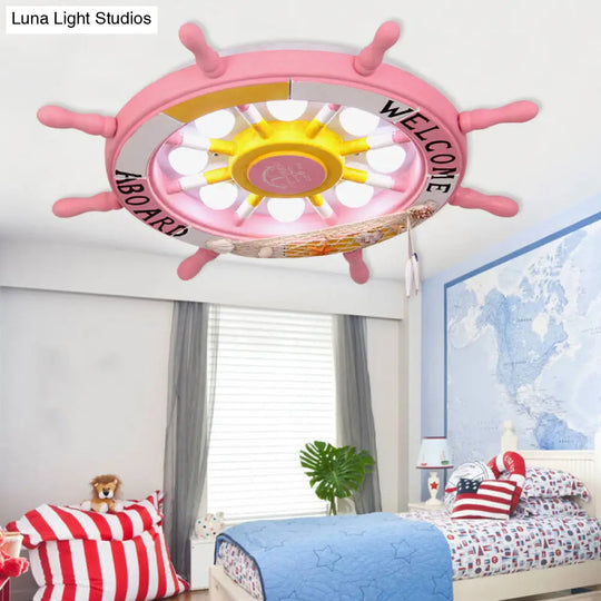 Wooden Ship Rudder Ceiling Lamp - 8-Bulb Led Semi Flush Mount Light (White/Pink/Blue Options) Pink /