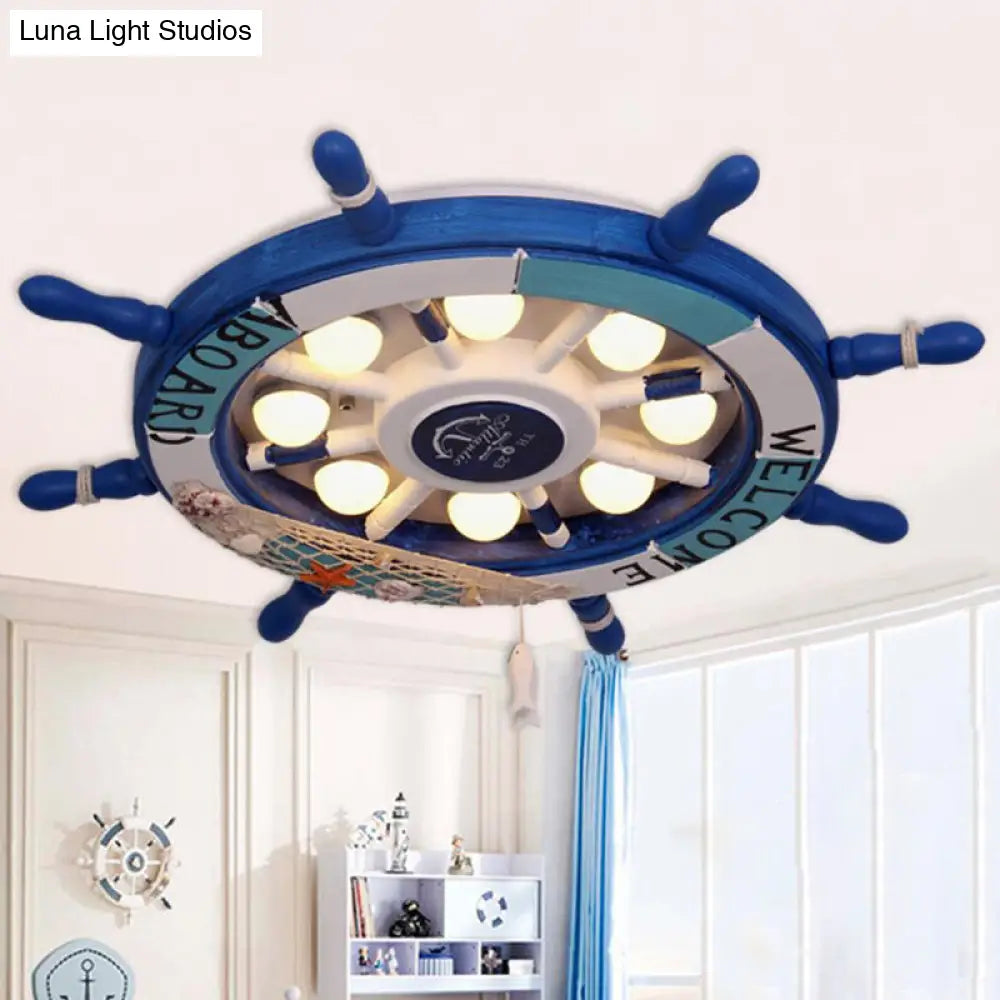 Wooden Ship Rudder Ceiling Lamp - 8-Bulb Led Semi Flush Mount Light (White/Pink/Blue Options) Blue /