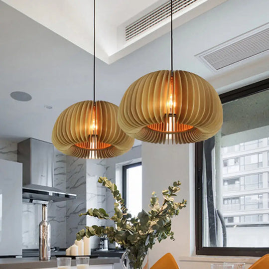 Wooden Single-Light Donut Pendant: Farmhouse-Style Beige Suspension Lighting Wood