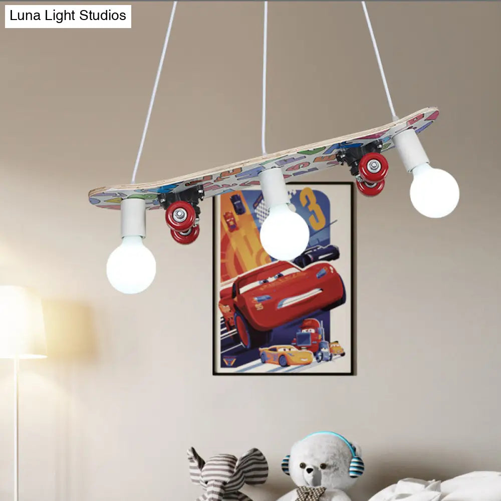 Wooden Skateboard Shaped Chandelier Lamp - Cartoon-Style 3 Lights Red/Blue