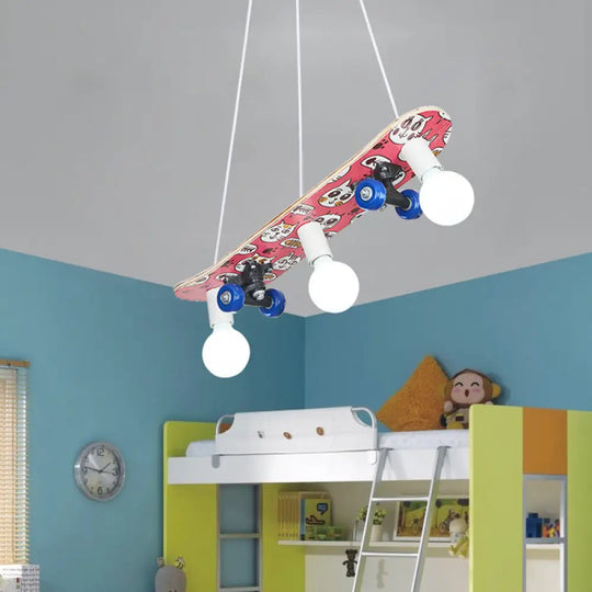 Wooden Skateboard Shaped Chandelier Lamp - Cartoon-Style 3 Lights Red/Blue Red