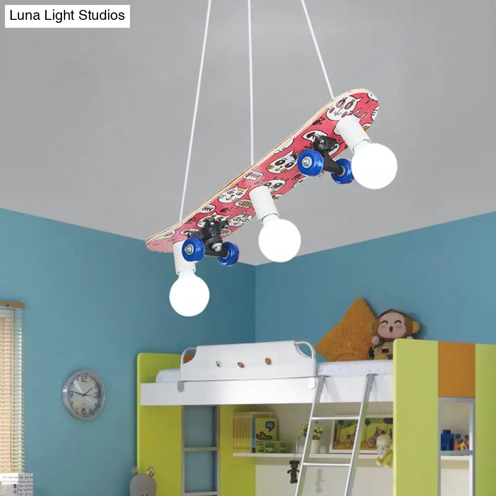 Wooden Skateboard Shaped Chandelier Lamp - Cartoon-Style 3 Lights Red/Blue