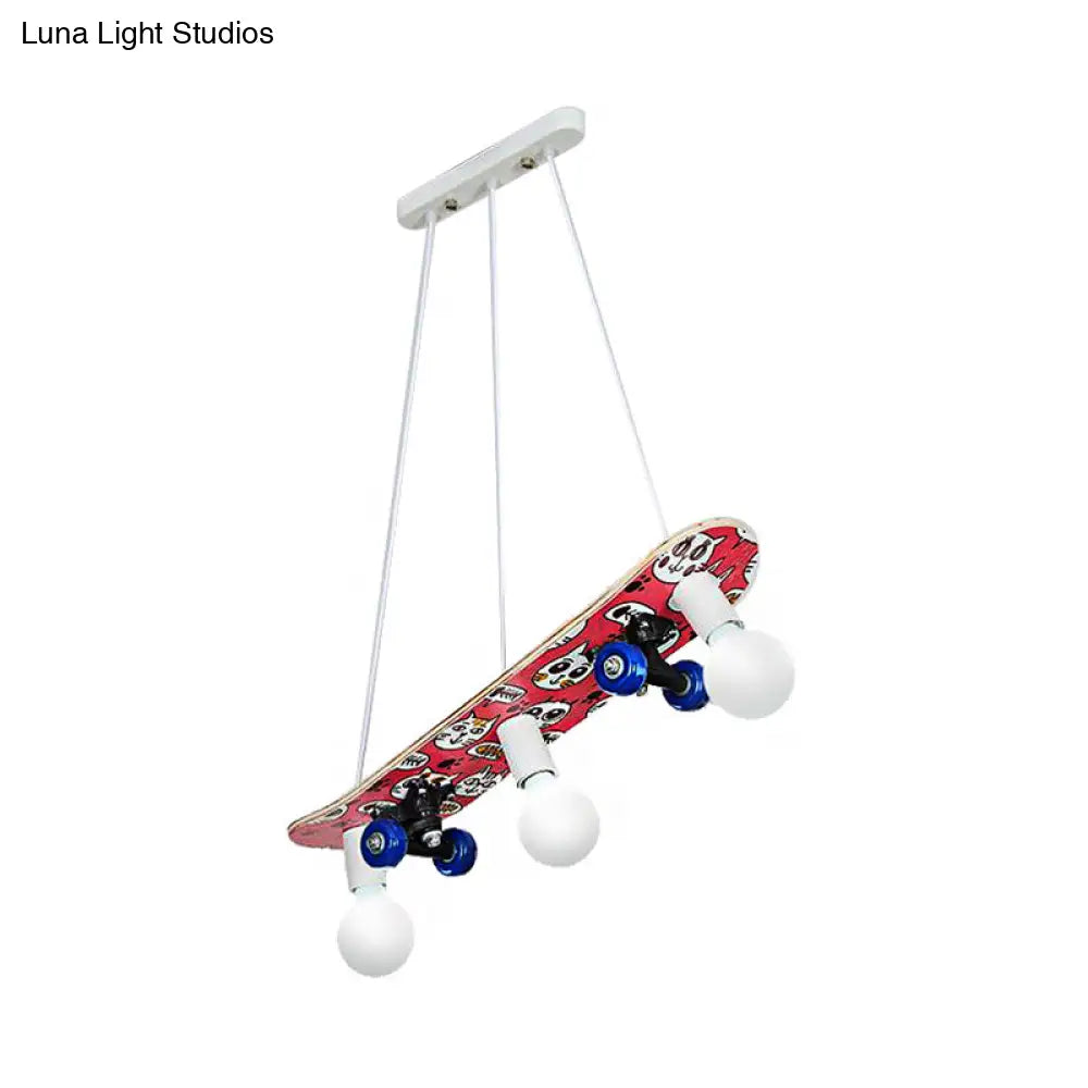 Wooden Skateboard Shaped Chandelier Lamp - Cartoon-Style 3 Lights Red/Blue