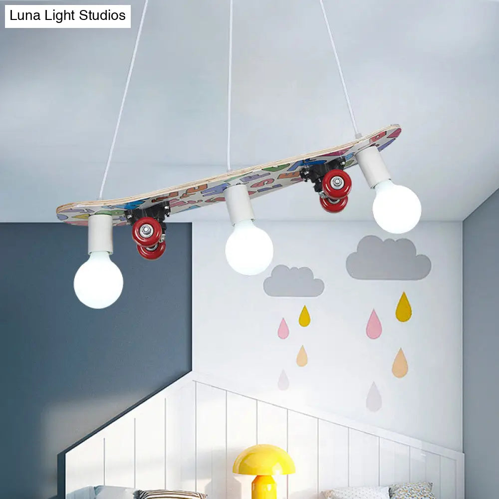 Wooden Skateboard Shaped Chandelier Lamp - Cartoon-Style 3 Lights Red/Blue