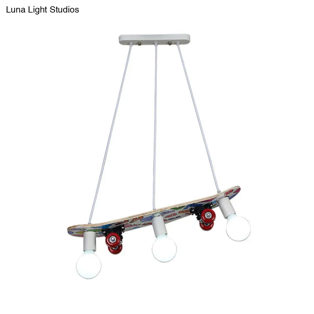 Wooden Skateboard Shaped Chandelier Lamp - Cartoon-Style 3 Lights Red/Blue