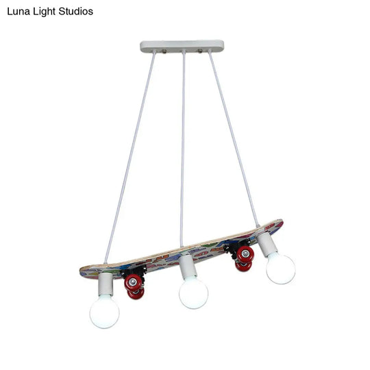 Wooden Skateboard Shaped Chandelier Lamp - Cartoon-Style 3 Lights Red/Blue