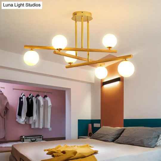 Modern Wood And Glass Sphere Chandelier - Minimalist Hanging Light For Bedroom 6 /