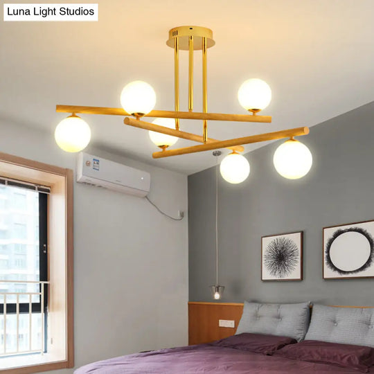 Modern Wood And Glass Sphere Chandelier - Minimalist Hanging Light For Bedroom