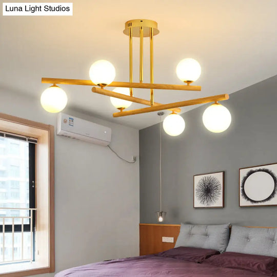 Wooden Spherical Chandelier With Opal Glass Shade For Minimalist Bedroom Lighting