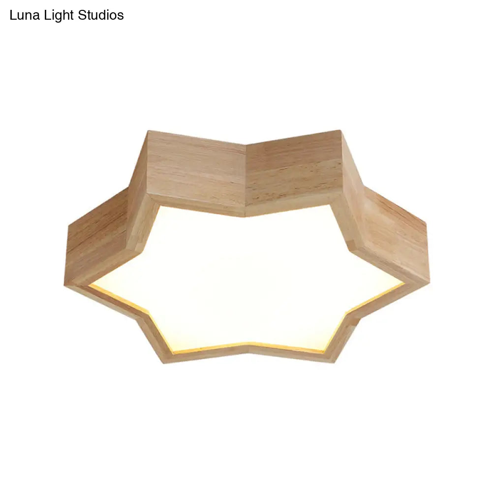 Wooden Star Shape Ceiling Light - Kids Bedroom Simple Style Beige Flush Mount Fixture