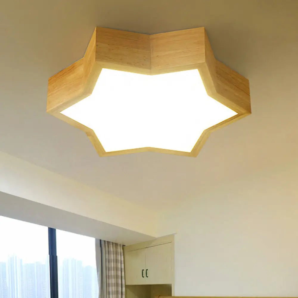 Wooden Star Shape Ceiling Light - Kids Bedroom Simple Style Beige Flush Mount Fixture Wood / Natural