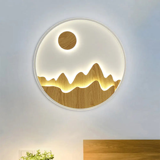 Wooden Sunlit Mountain Wall Lamp - Asian Circular Led Lighting In Yellow