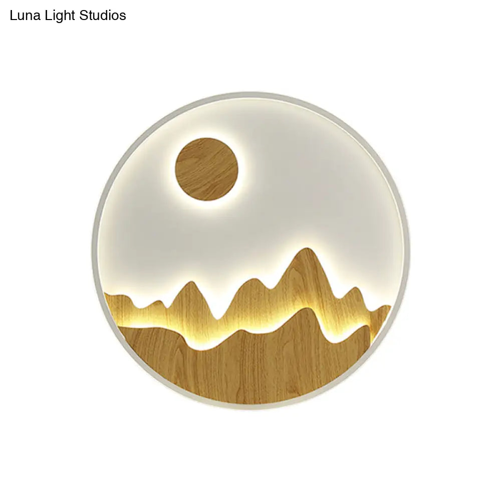 Wooden Sunlit Mountain Wall Lamp - Asian Circular Led Lighting In Yellow