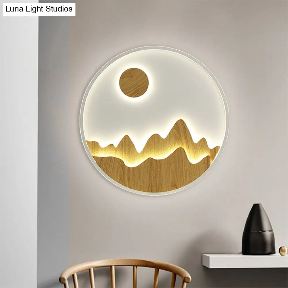 Wooden Sunlit Mountain Wall Lamp - Asian Circular Led Lighting In Yellow