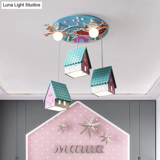 Wooden Tile-Roof House Pendant Light With 5 Cartoon Lights For Kids Bedroom