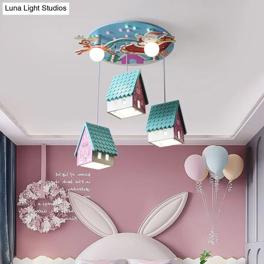 Wooden Tile-Roof House Pendant Light With 5 Cartoon Lights For Kids Bedroom