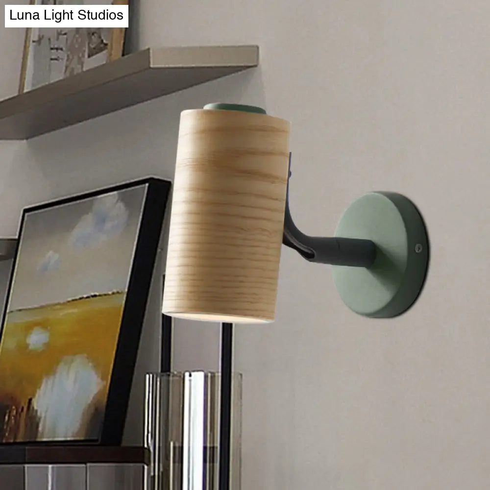 Wooden Wall Mounted Macaron Sconce Light Fixture - 1 Head Tube Lamp In Yellow/Green/Blue For