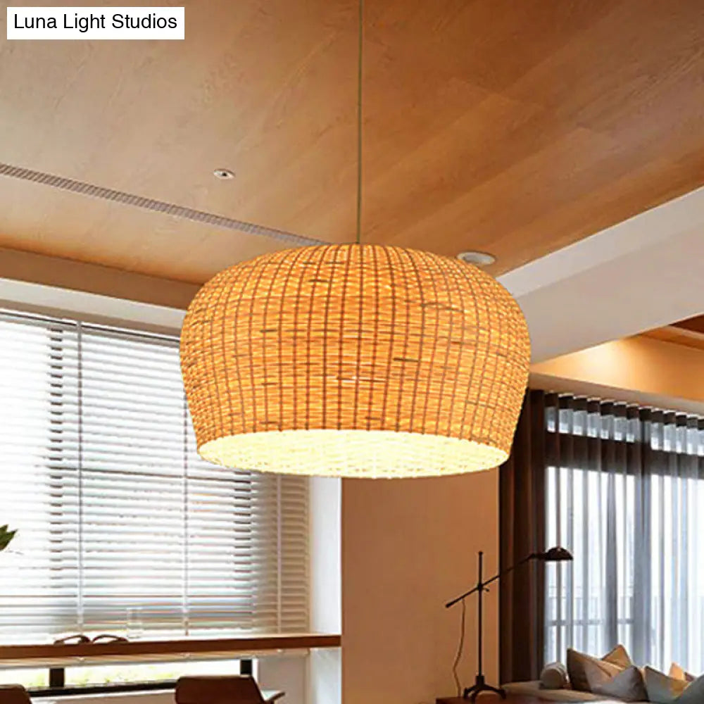 Woven Bamboo Ceiling Pendant Lamp - Asian Single Light 12/19.5 Wide Dome Beige Hanging For