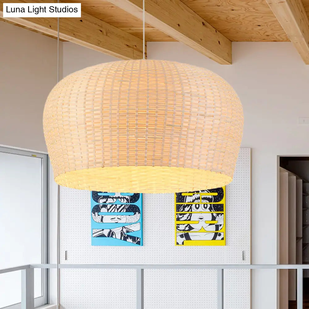 Woven Bamboo Ceiling Pendant Lamp - Asian Single Light 12/19.5 Wide Dome Beige Hanging For