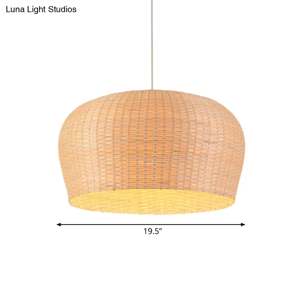 Woven Bamboo Ceiling Pendant Lamp - Asian Single Light 12/19.5 Wide Dome Beige Hanging For