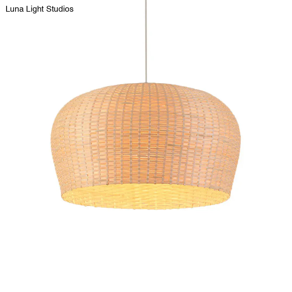 Woven Bamboo Ceiling Pendant Lamp - Asian Single Light 12/19.5 Wide Dome Beige Hanging For