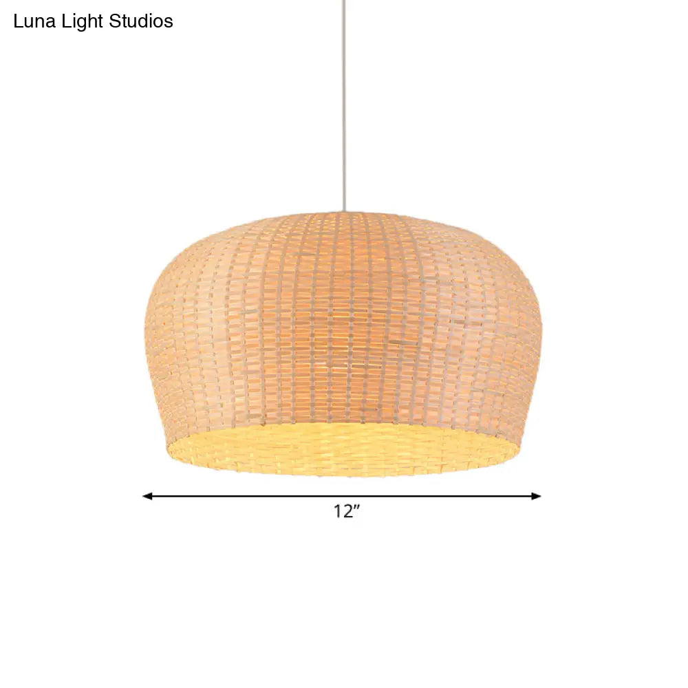 Woven Bamboo Ceiling Pendant Lamp - Asian Single Light 12/19.5 Wide Dome Beige Hanging For