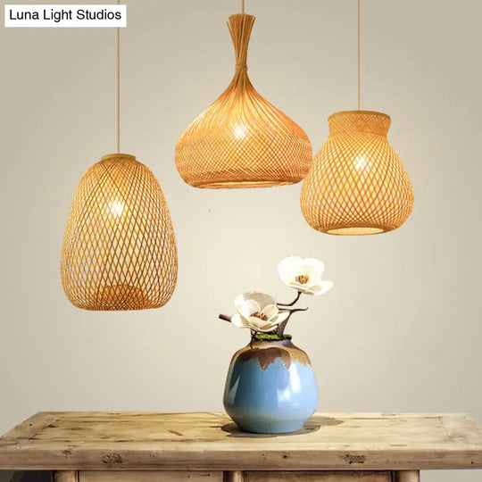 Woven Bamboo Pendant Light - Modern Single Wood Hanging Ceiling Fixture For Restaurants