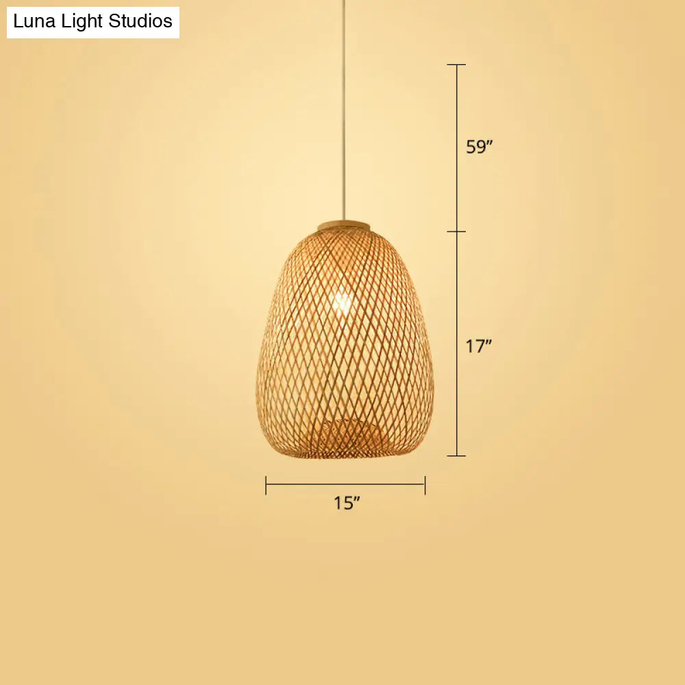 Woven Bamboo Pendant Light - Modern Single Wood Hanging Ceiling Fixture For Restaurants