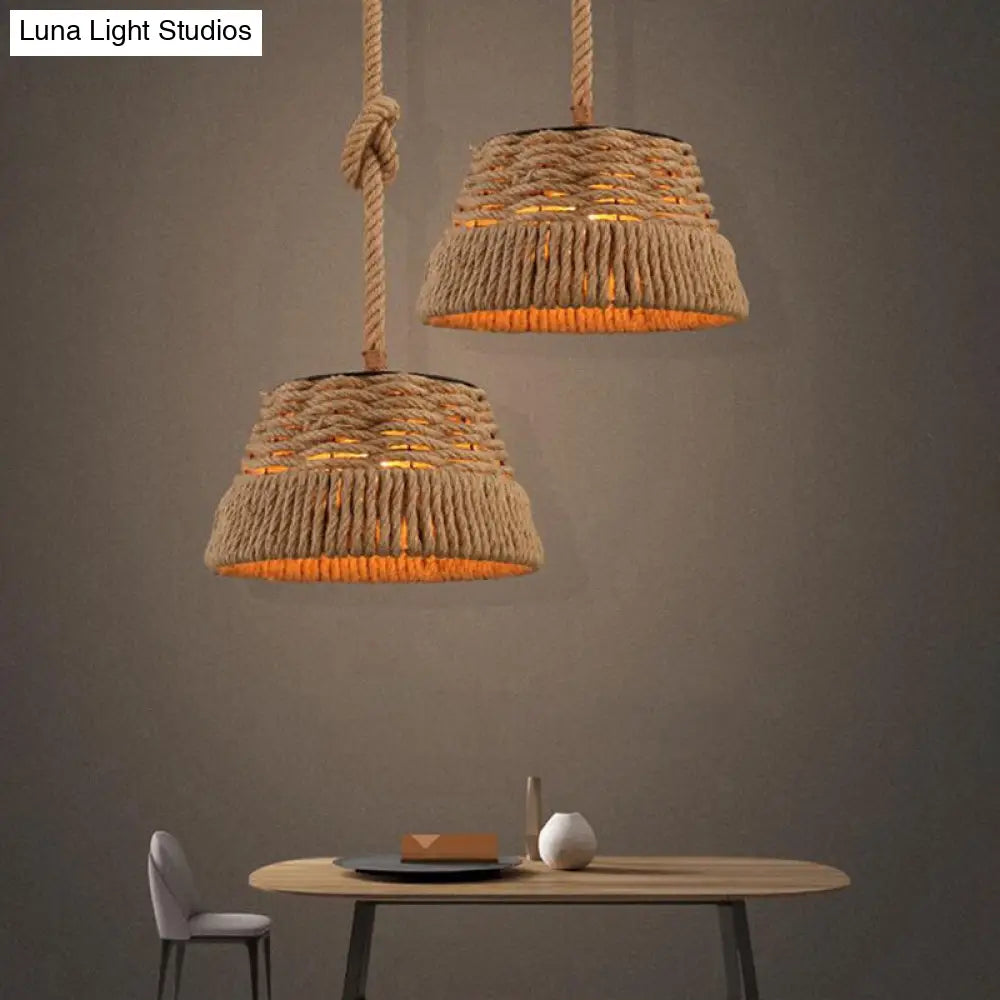 Woven Hemp Rope Pendant Light: Industrial Style Iron Shade Hanging Lamp For Restaurants