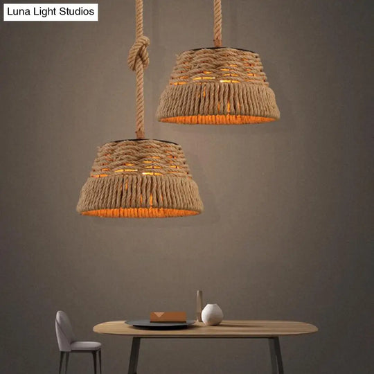 Woven Hemp Rope Pendant Light: Industrial Style Iron Shade Hanging Lamp For Restaurants