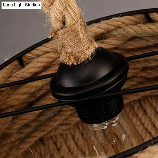 Woven Hemp Rope Pendant Light: Industrial Style Iron Shade Hanging Lamp For Restaurants