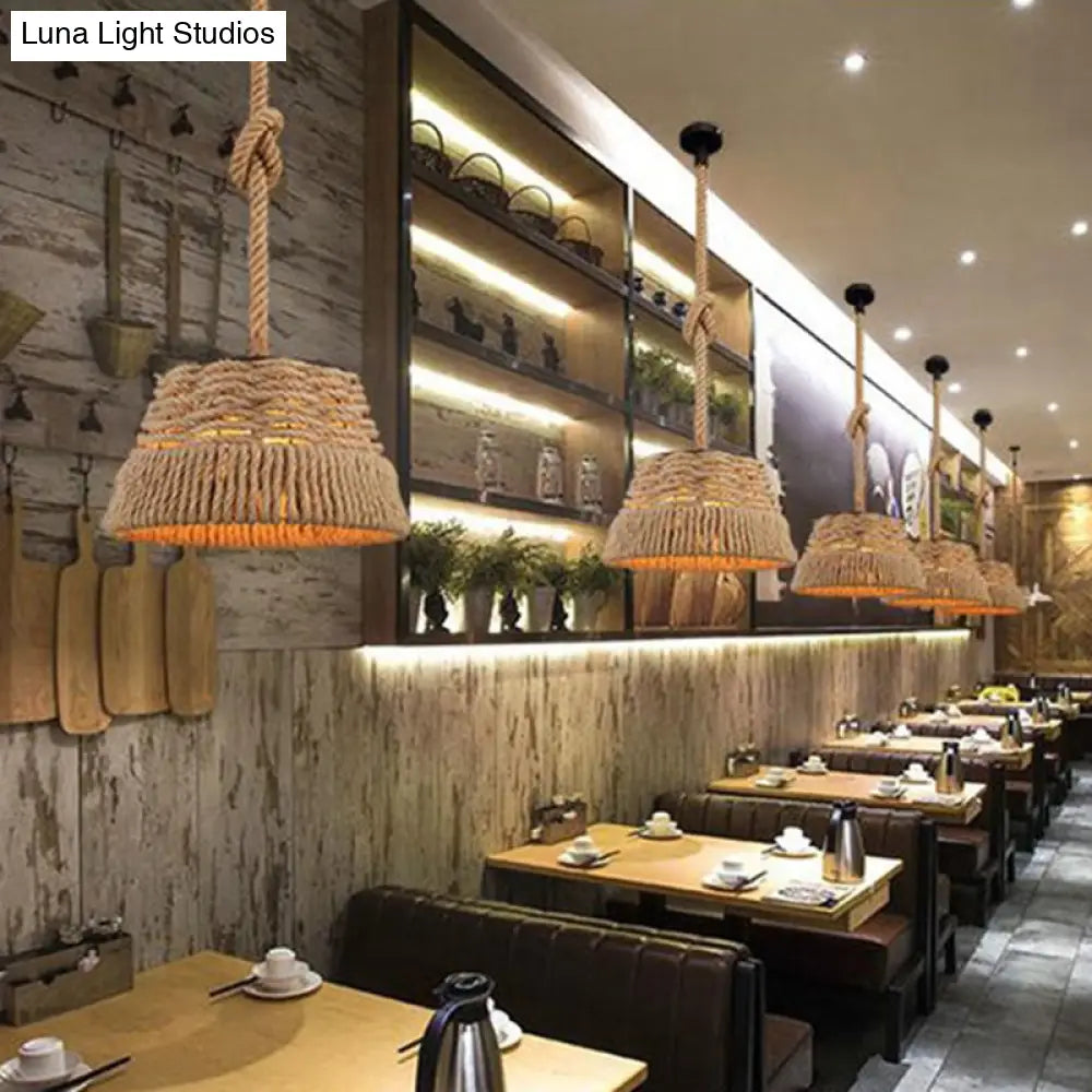 Woven Hemp Rope Pendant Light: Industrial Style Iron Shade Hanging Lamp For Restaurants