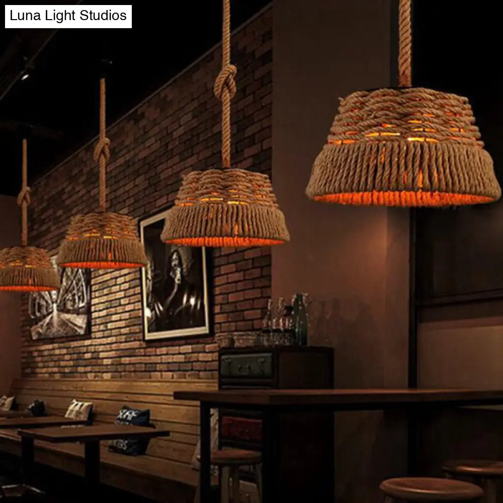 Woven Hemp Rope Pendant Light: Industrial Style Iron Shade Hanging Lamp For Restaurants