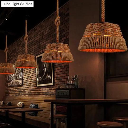 Woven Hemp Rope Pendant Light: Industrial Style Iron Shade Hanging Lamp For Restaurants