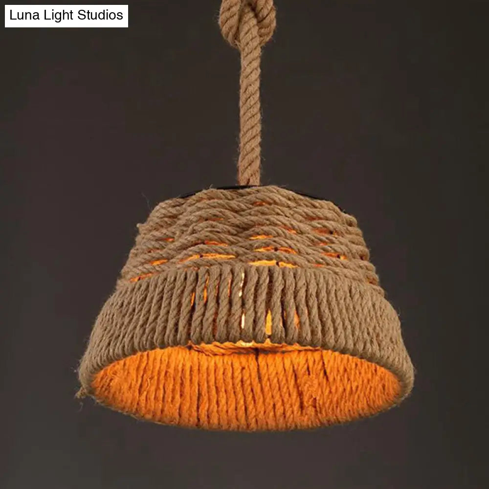 Woven Hemp Rope Pendant Light: Industrial Style Iron Shade Hanging Lamp For Restaurants