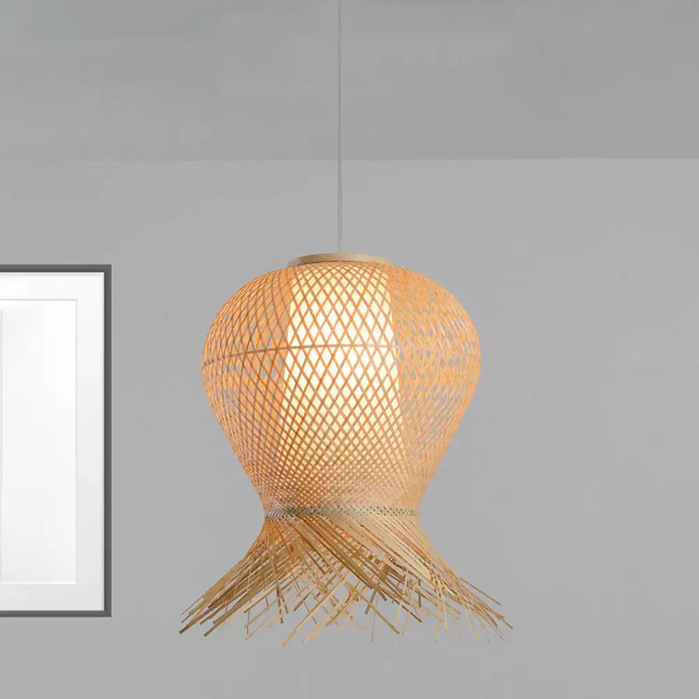 Woven Pendant Bamboo Hanging Lamp Kit - Traditional Design Beige Shade 1 Bulb Multiple Width Options