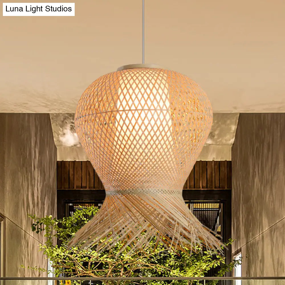 Woven Pendant Bamboo Hanging Lamp Kit - Traditional Design Beige Shade 1 Bulb Multiple Width Options