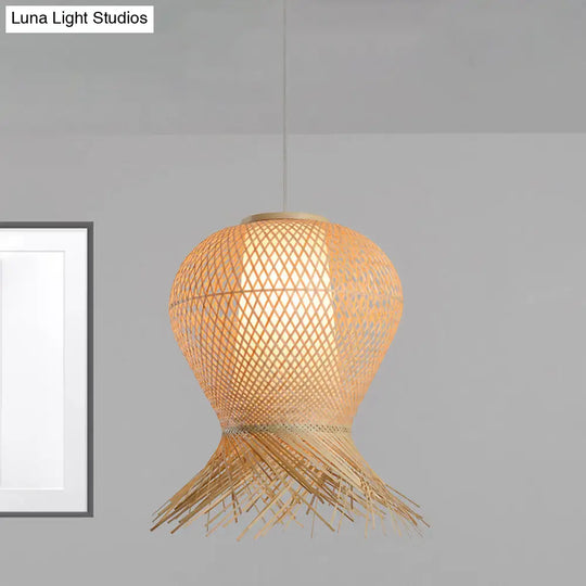 Woven Pendant Bamboo Hanging Lamp Kit - Traditional Design Beige Shade 1 Bulb Multiple Width Options