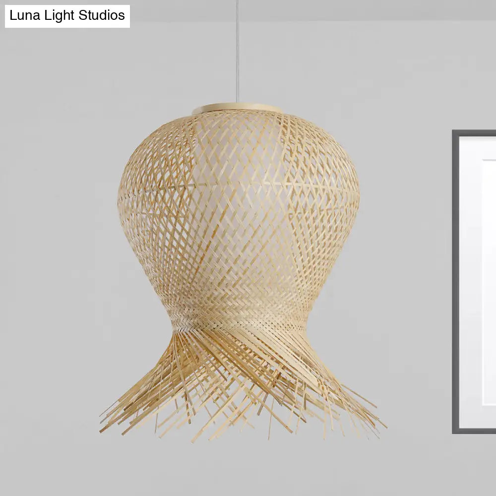 Woven Pendant Bamboo Hanging Lamp Kit - Traditional Design Beige Shade 1 Bulb Multiple Width Options