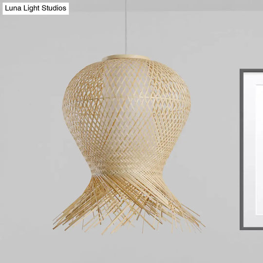 Woven Pendant Bamboo Hanging Lamp Kit - Traditional Design Beige Shade 1 Bulb Multiple Width Options