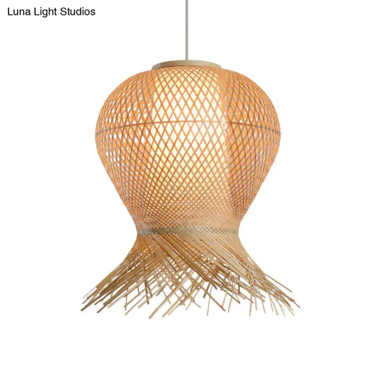 Woven Pendant Bamboo Hanging Lamp Kit - Traditional Design Beige Shade 1 Bulb Multiple Width Options