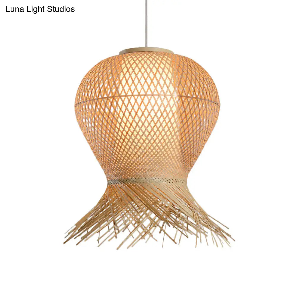 Woven Pendant Bamboo Hanging Lamp Kit - Traditional Design Beige Shade 1 Bulb Multiple Width Options