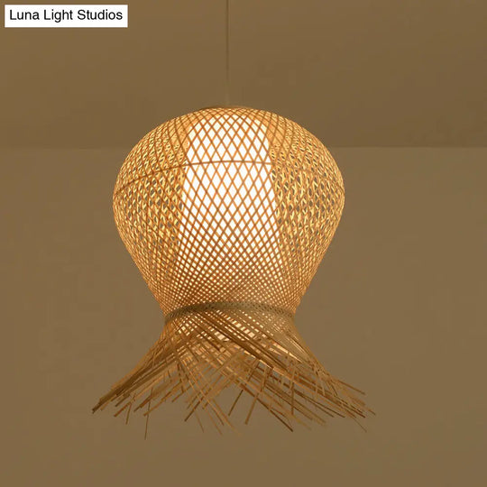 Woven Pendant Bamboo Hanging Lamp Kit - Traditional Design Beige Shade 1 Bulb Multiple Width Options