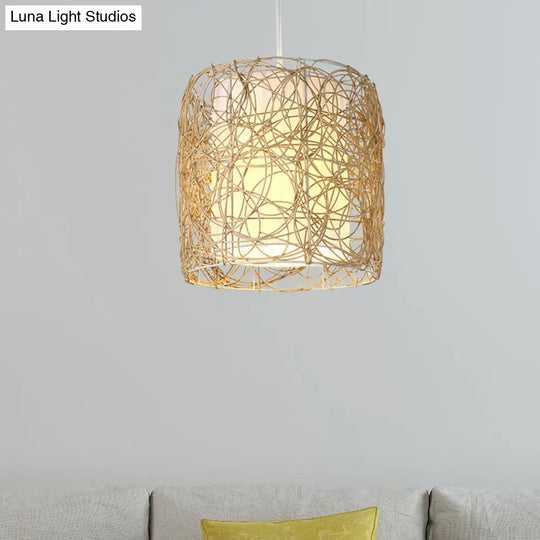 Woven Rattan Pendant Lamp With Rustic Single Head And Fabric Interior Shade