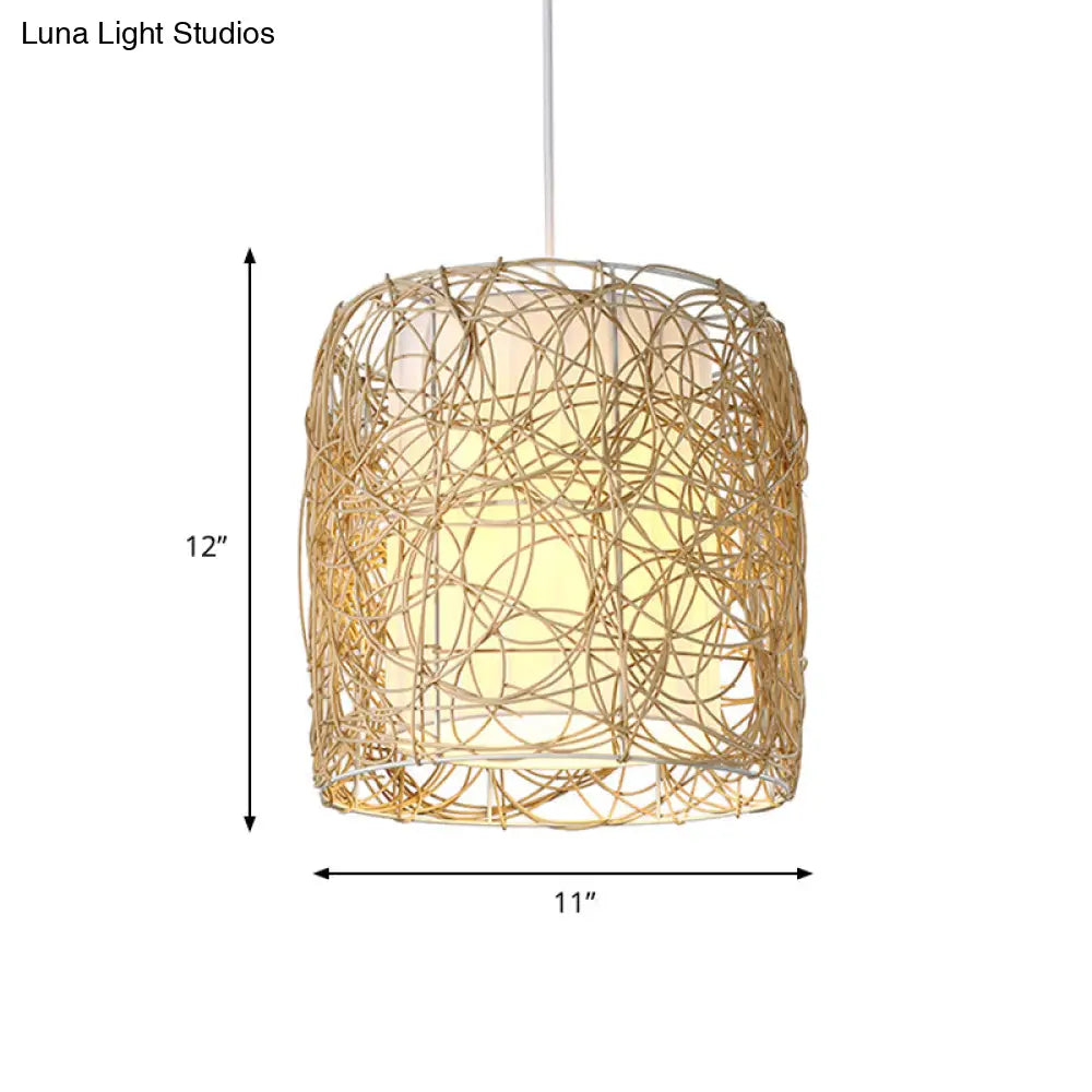 Woven Rattan Pendant Lamp With Rustic Single Head And Fabric Interior Shade