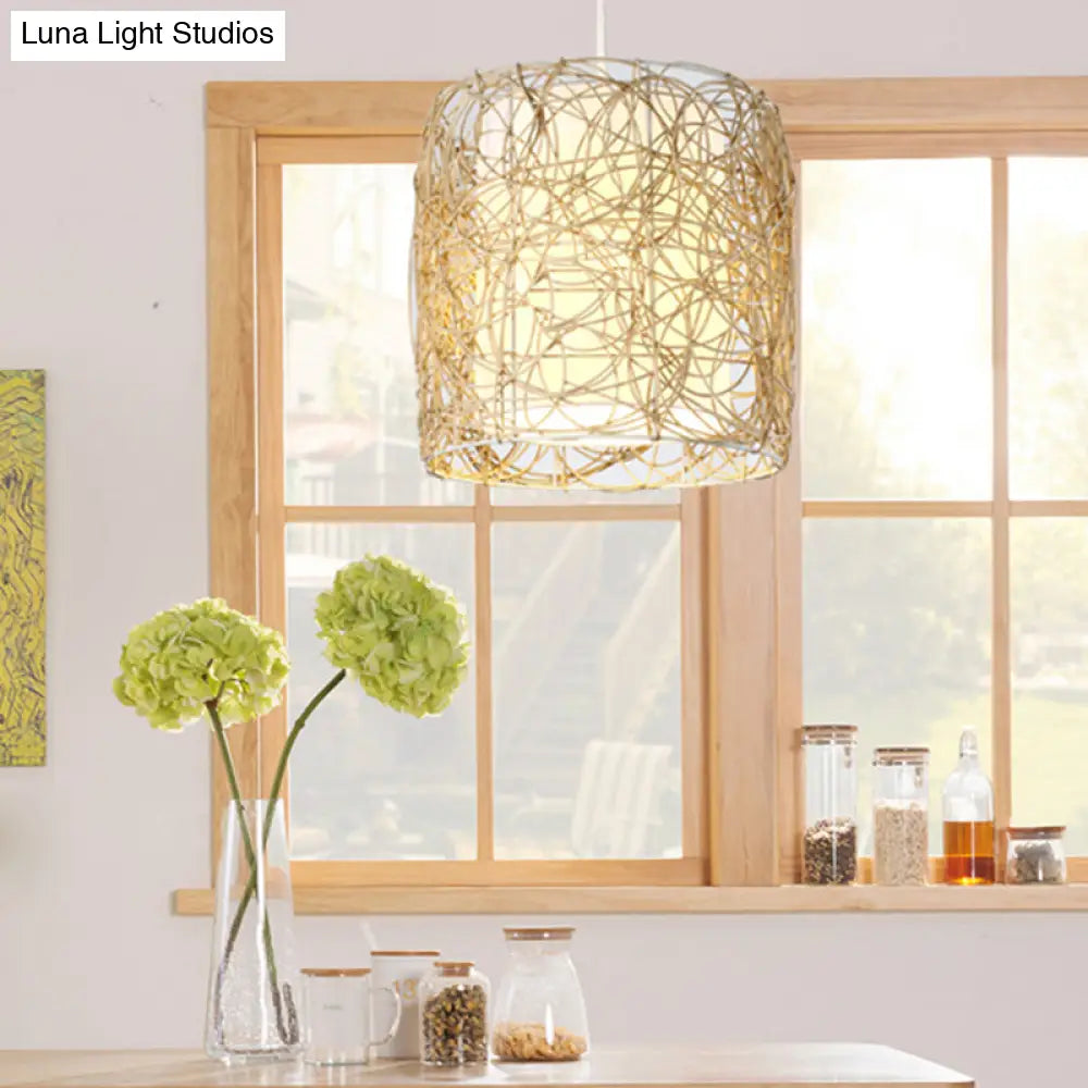 Woven Rattan Pendant Lamp With Rustic Single Head And Fabric Interior Shade