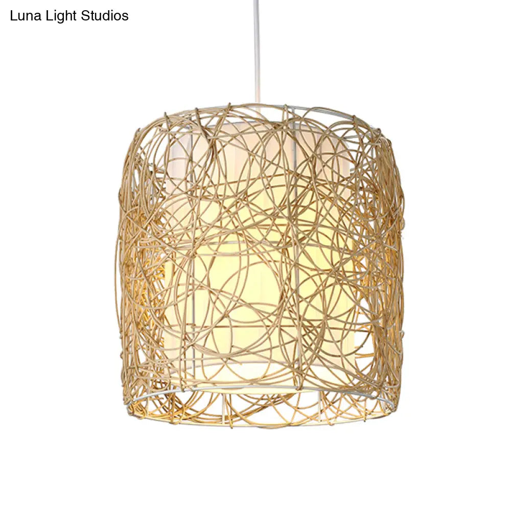 Woven Rattan Pendant Lamp With Rustic Single Head And Fabric Interior Shade