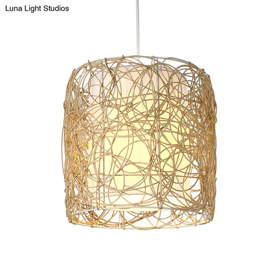 Woven Rattan Pendant Lamp With Rustic Single Head And Fabric Interior Shade