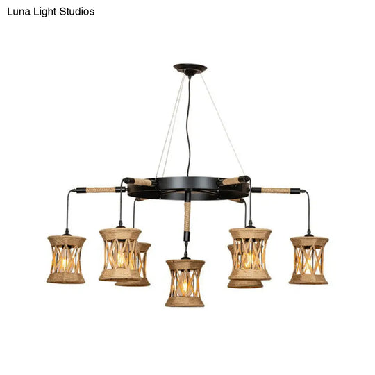 Brown X-Woven Rope Cylinder Pendant Lamp: Farmhouse 7-Light Chandelier With Wheel Design For Dining