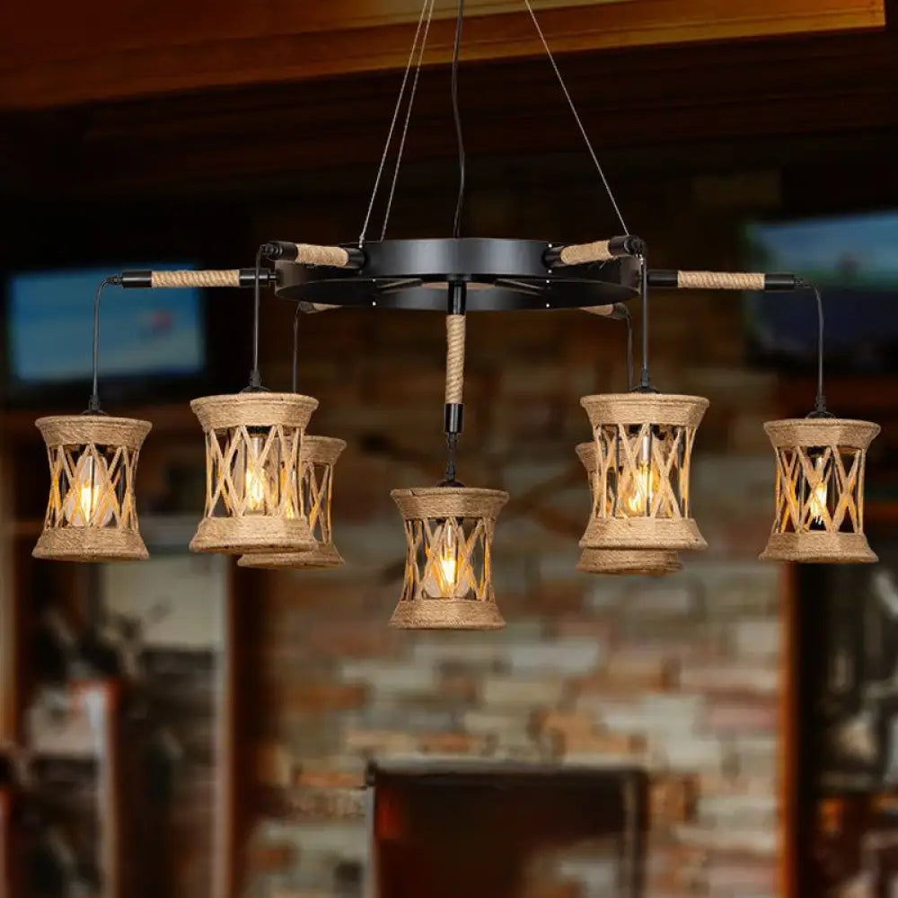 Woven Rope 7-Light Cylinder Pendant Chandelier With Wheel Design - Farmhouse Dining Room Ceiling